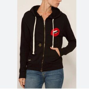 Sandrine Rose Love Me Lips Embroidered Zip Front Hoodie Black SZ Large